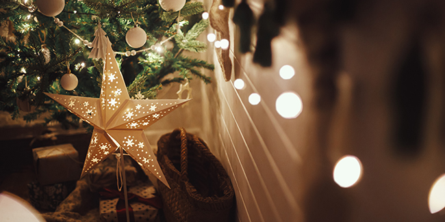 Star decoration in front of a Christmas tree