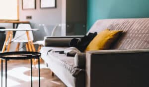 sofa in living space with yellow throw pillow